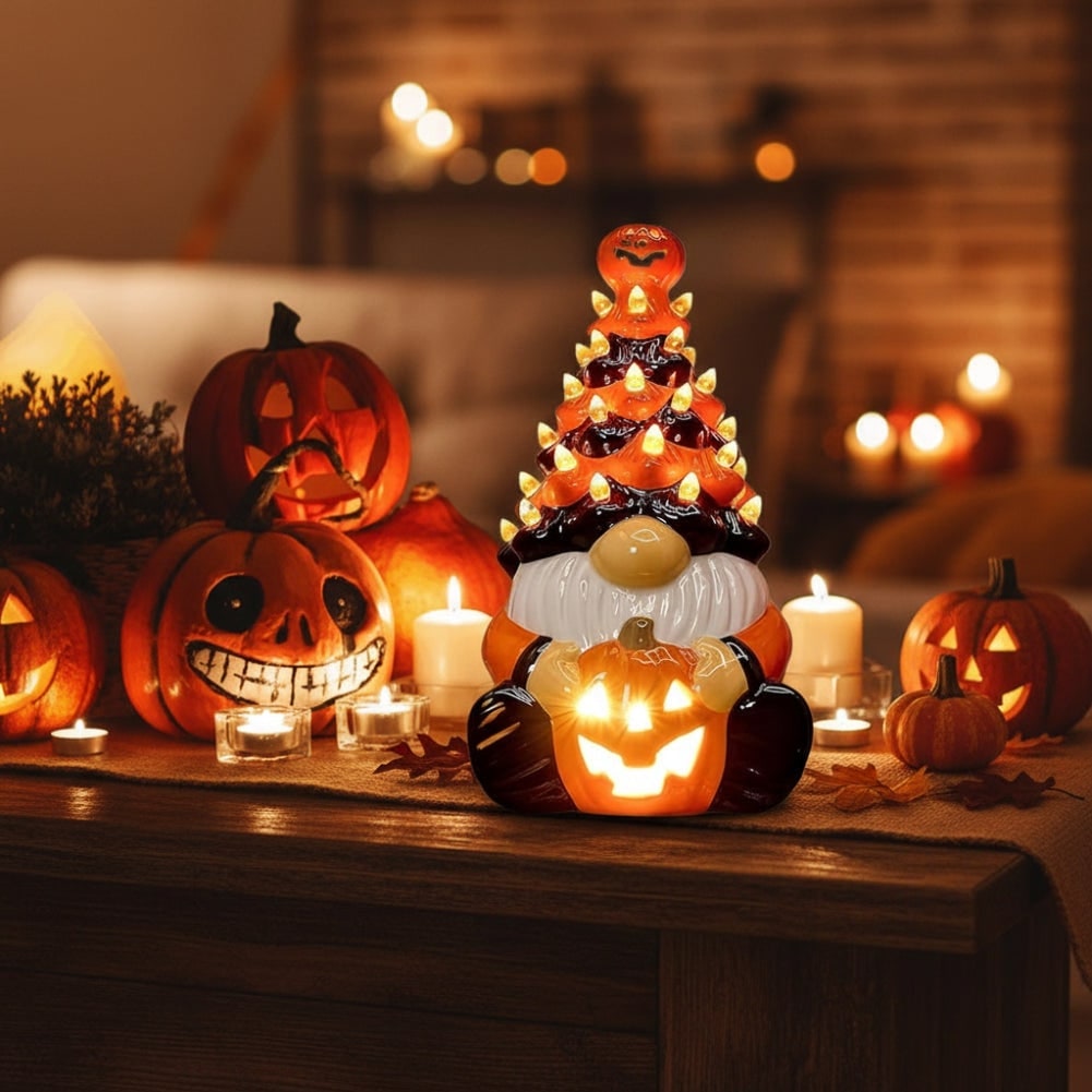 Halloween Ceramic Gnome with LED Light and Jack-O-Lantern Pumpkin for Party Decorations - Image 1