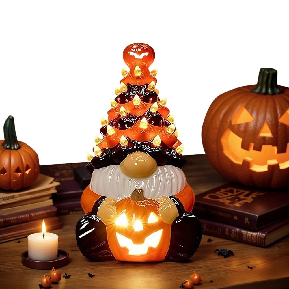 Halloween Ceramic Gnome with LED Light and Jack-O-Lantern Pumpkin for Party Decorations - Image 2