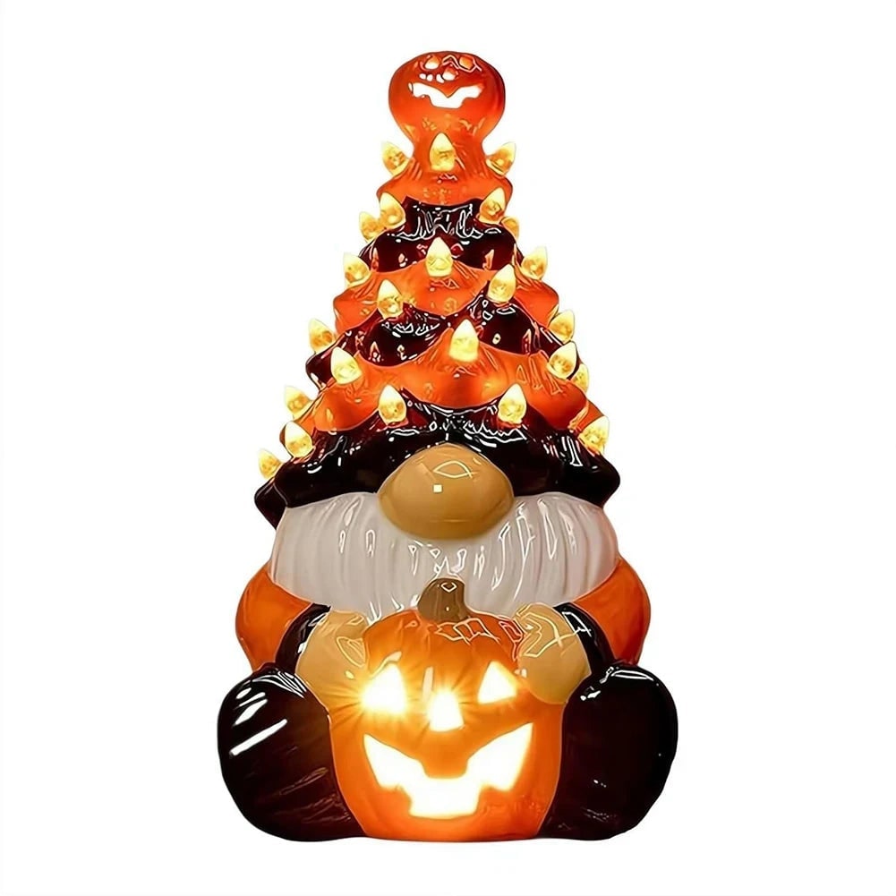 Halloween Ceramic Gnome with LED Light and Jack-O-Lantern Pumpkin for Party Decorations - Image 3