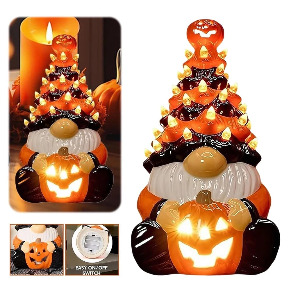 Halloween Ceramic Gnome with LED Light and Jack-O-Lantern Pumpkin for Party Decorations - Image 4