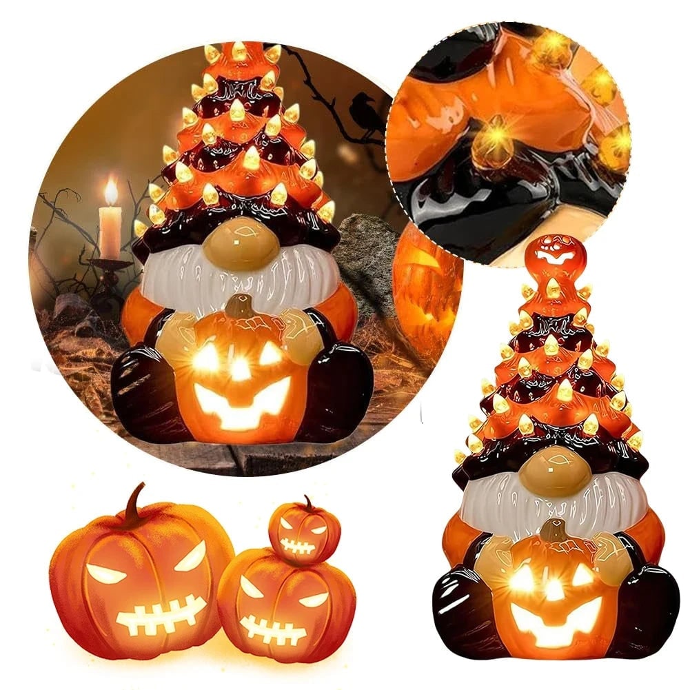Halloween Ceramic Gnome with LED Light and Jack-O-Lantern Pumpkin for Party Decorations - Image 5