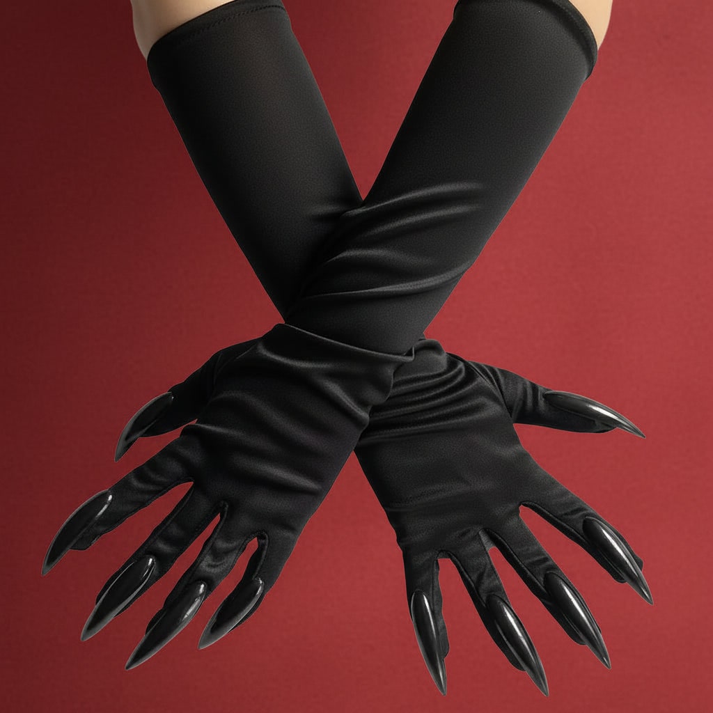 Halloween Claw Gloves Costume with Elbow Length Satin Black Attached Plastic Skeleton - Image 1