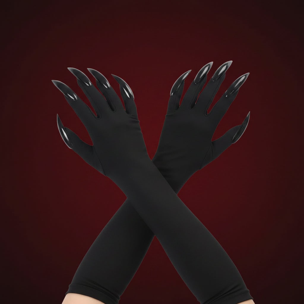 Halloween Claw Gloves Costume with Elbow Length Satin Black Attached Plastic Skeleton - Image 2