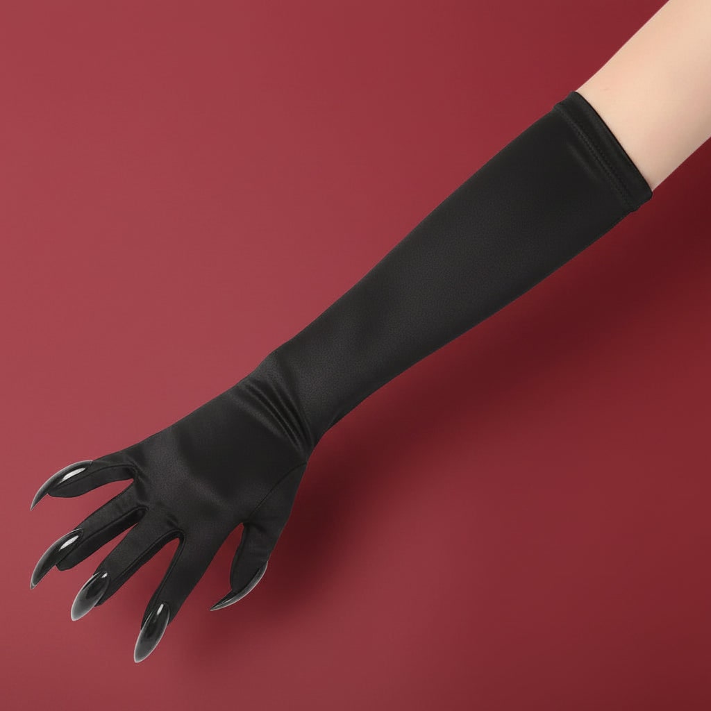 Halloween Claw Gloves Costume with Elbow Length Satin Black Attached Plastic Skeleton - Image 3