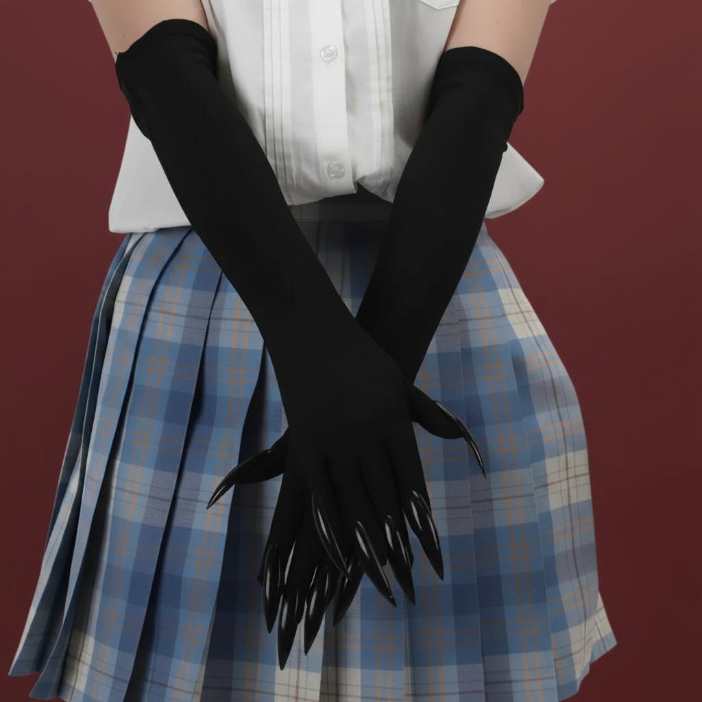 Halloween Claw Gloves Costume with Elbow Length Satin Black Attached Plastic Skeleton - Image 5