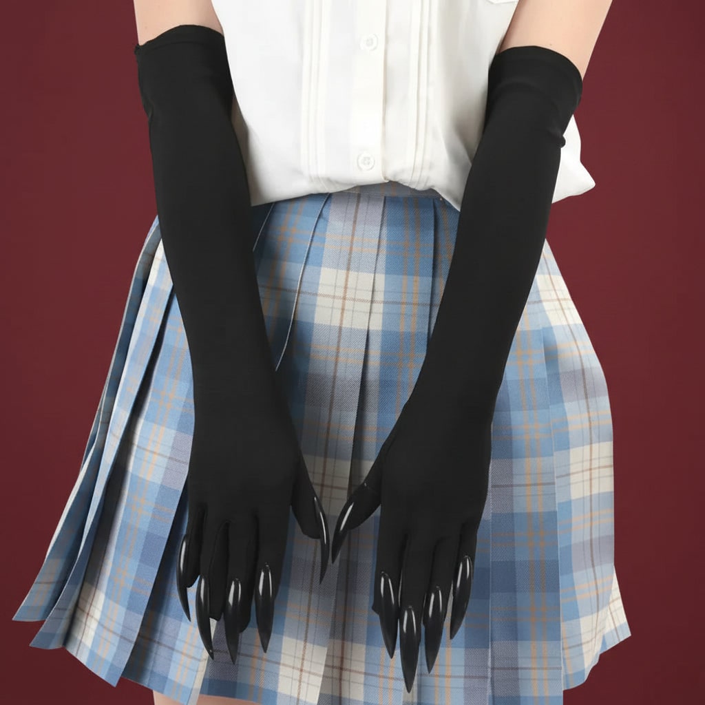 Halloween Claw Gloves Costume with Elbow Length Satin Black Attached Plastic Skeleton - Image 6