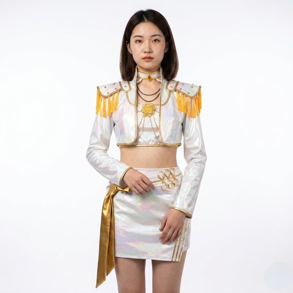 Halloween Cosplay Costume Kpop Stage Outfit with Iridescent Holographic Crop Top and Skirt - Image 1