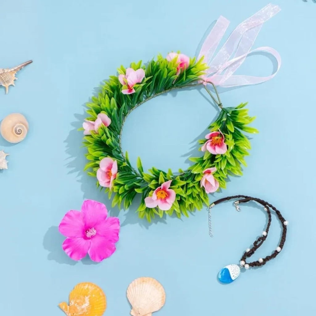 Halloween Costume Accessories Flower Crown Headband with Tropical Necklace Set - Image 2