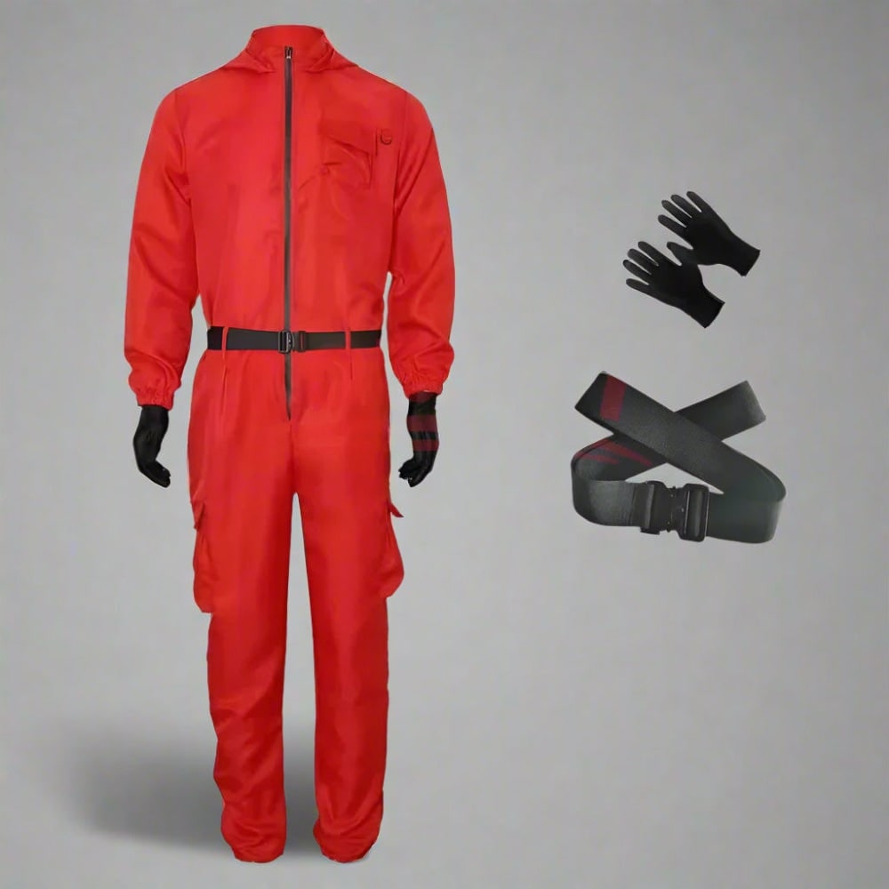 Halloween Costume Jumpsuit with Belt and Gloves for Party and Cosplay Red - Image 2