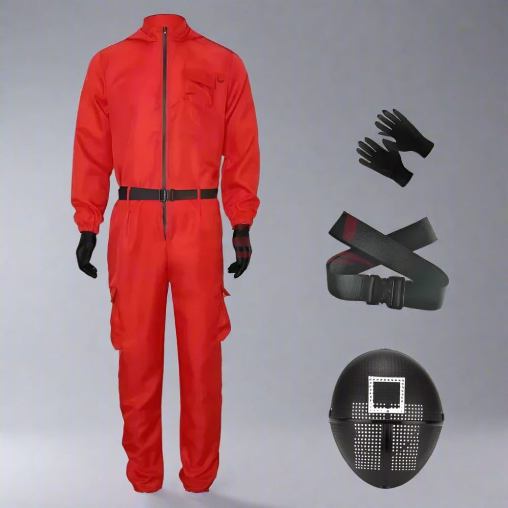 Halloween Costume Jumpsuit with Belt and Gloves for Party and Cosplay Red - Image 3