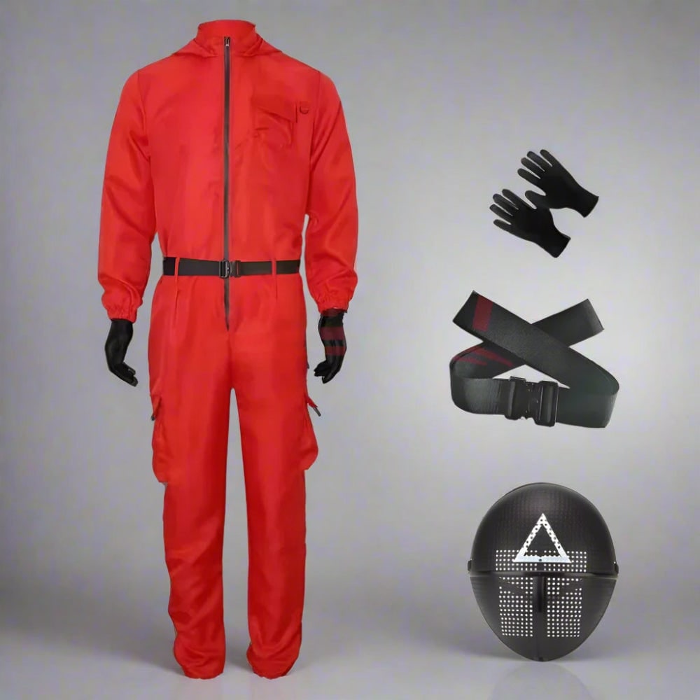 Halloween Costume Jumpsuit with Belt and Gloves for Party and Cosplay Red - Image 4