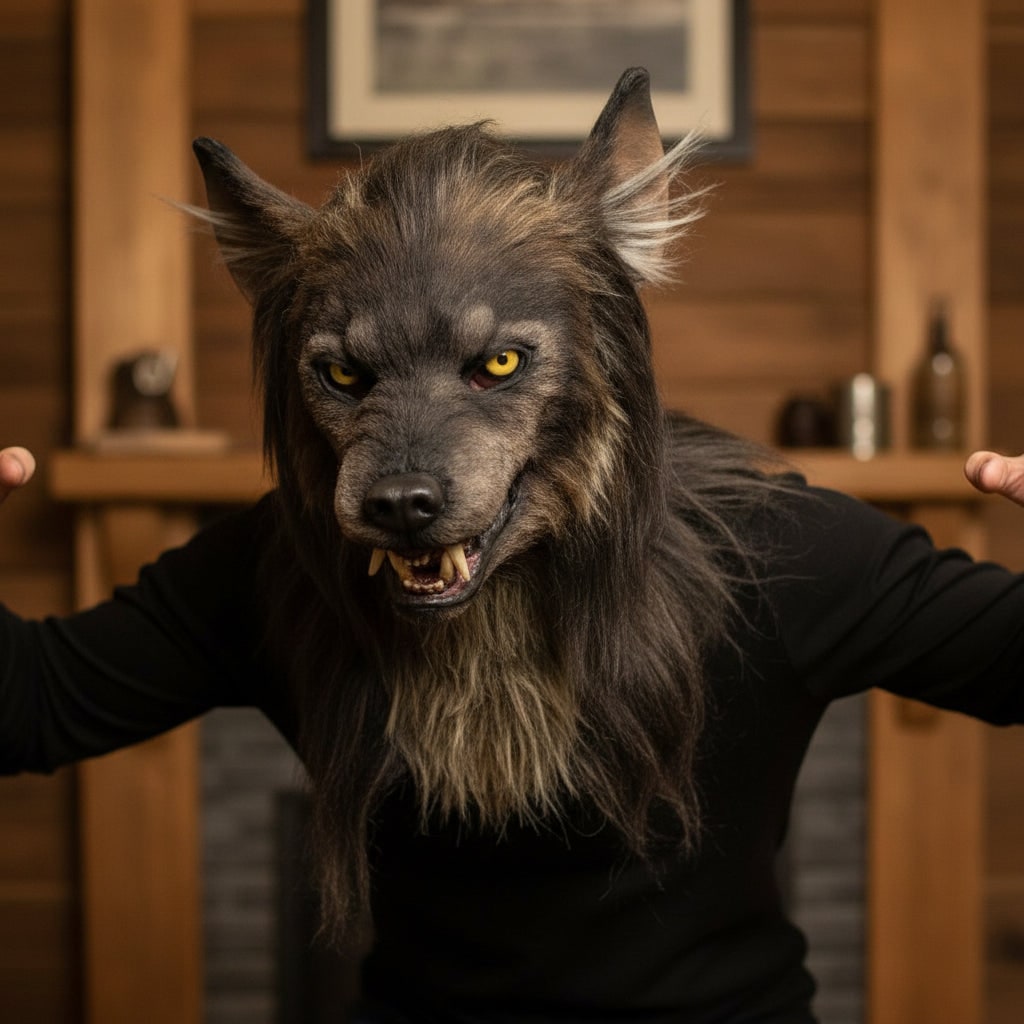 Halloween Costume Werewolf Mask with Creepy Faux Fur and Yellow Fangs for Party and Haunted House - Image 1