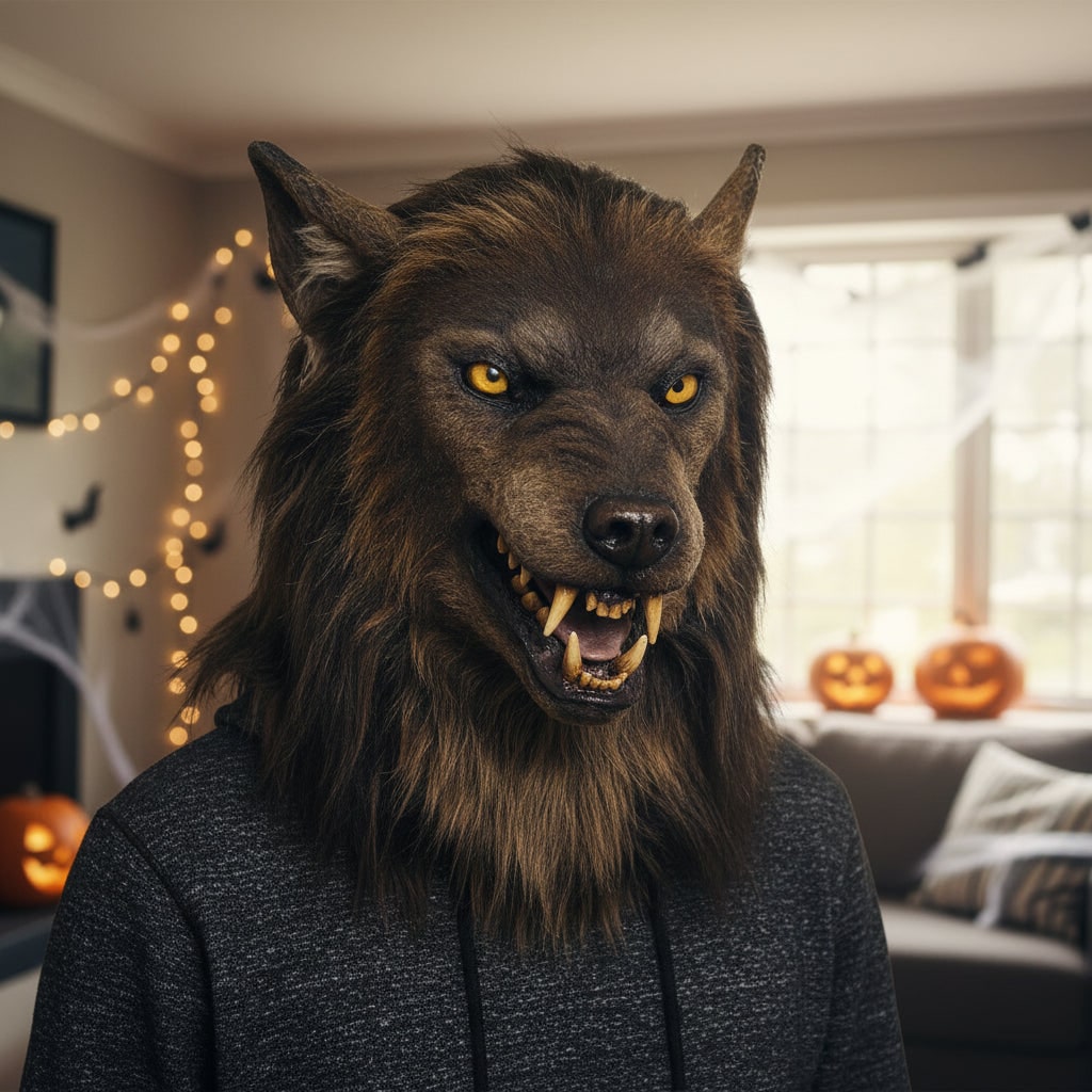 Halloween Costume Werewolf Mask with Creepy Faux Fur and Yellow Fangs for Party and Haunted House - Image 4