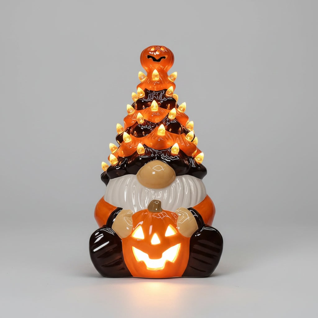 Halloween Decor Ceramic Jack O Lantern Gnome Lighted Figurine for Party Decorations - Image 1