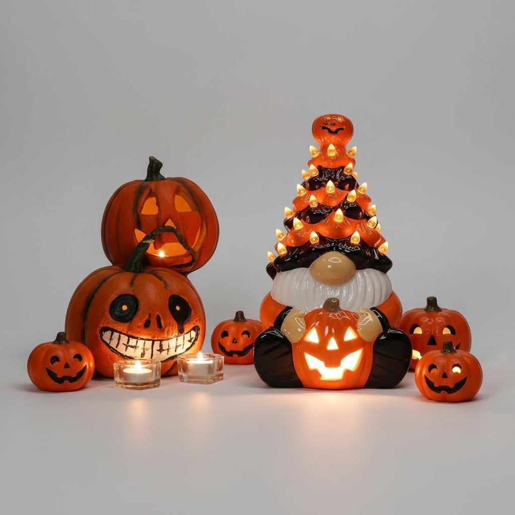 Halloween Decor Ceramic Jack O Lantern Gnome Lighted Figurine for Party Decorations - Image 2