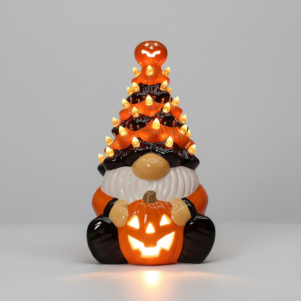 Halloween Decor Ceramic Jack O Lantern Gnome Lighted Figurine for Party Decorations - Image 3