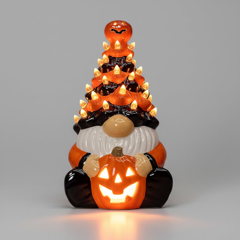 Halloween Decor Ceramic Jack O Lantern Gnome Lighted Figurine for Party Decorations - Image 4