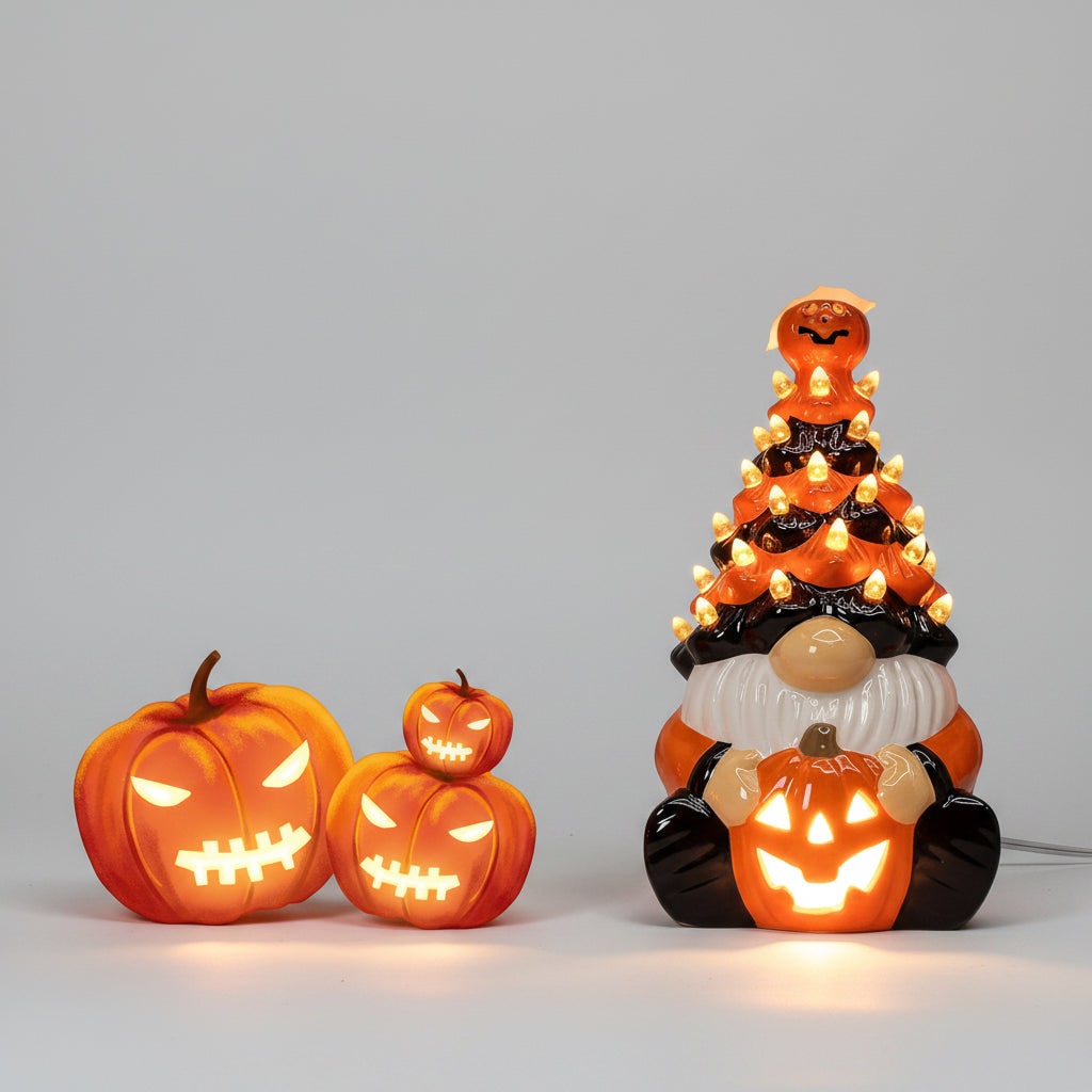 Halloween Decor Ceramic Jack O Lantern Gnome Lighted Figurine for Party Decorations - Image 5