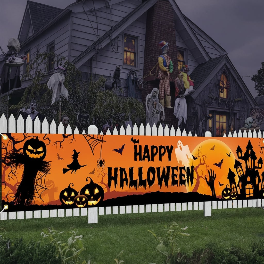Halloween Decorations Outdoor Banner with Jack O Lantern Pumpkin and Witch Graphics for Party - Image 1
