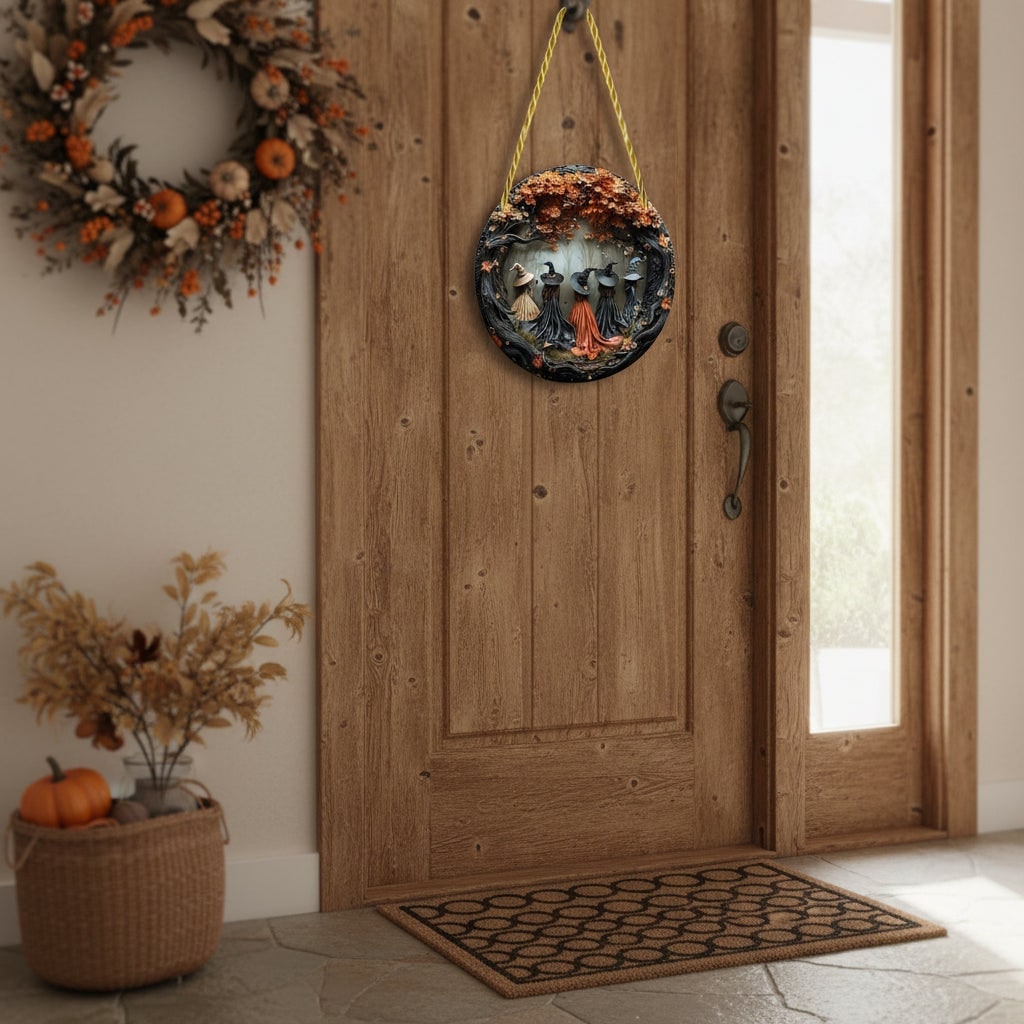 Halloween Door Sign Decor with Witch Design and Autumn Leaves Hanging Wall Decoration for Front - Image 1
