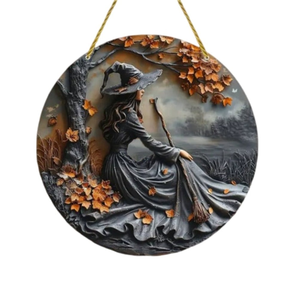 Halloween Door Sign Decor with Witch Design and Autumn Leaves Hanging Wall Decoration for Front - Image 3