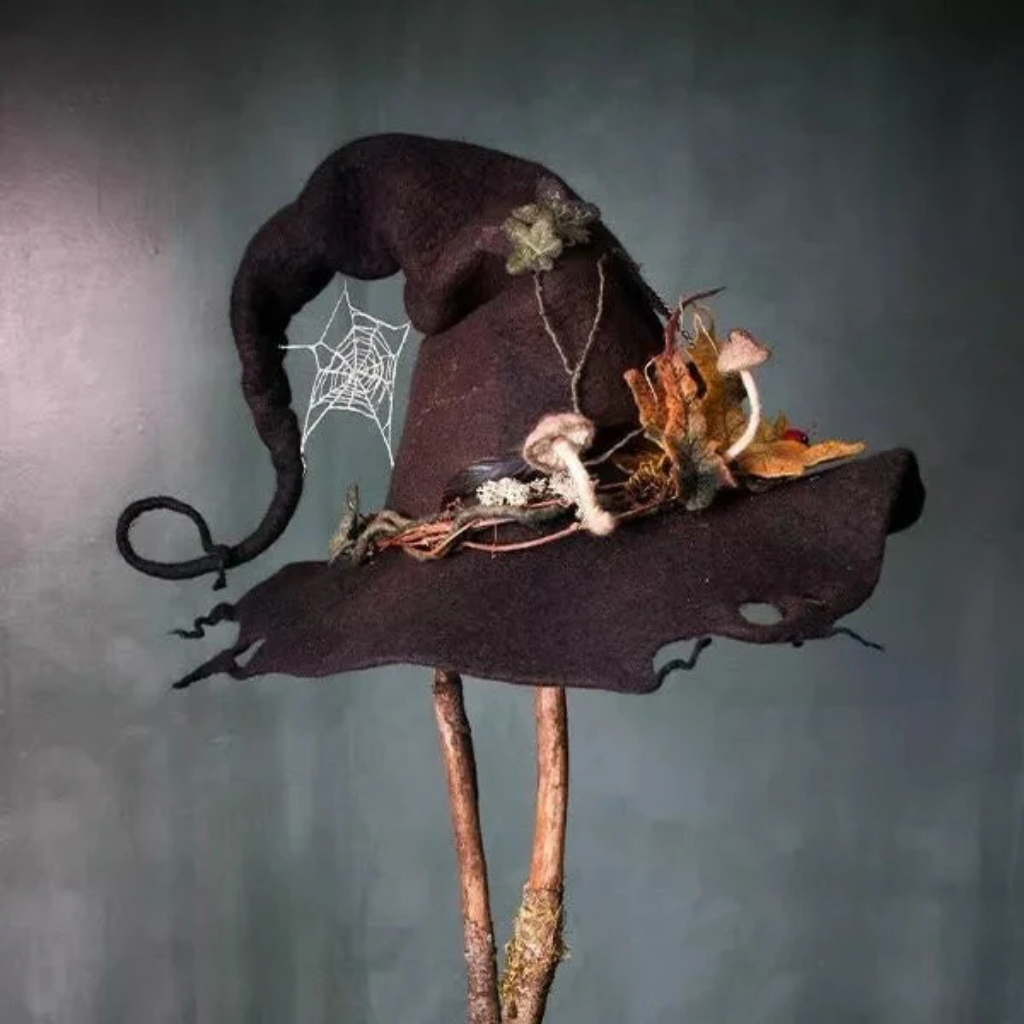 Halloween Felt Witch Hat with Pointed Crown Floral and Mushroom Decorations for Costume Party - Image 4