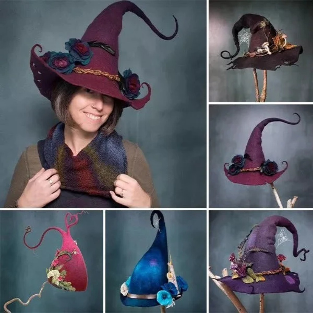 Halloween Felt Witch Hat with Pointed Crown Floral and Mushroom Decorations for Costume Party - Image 5