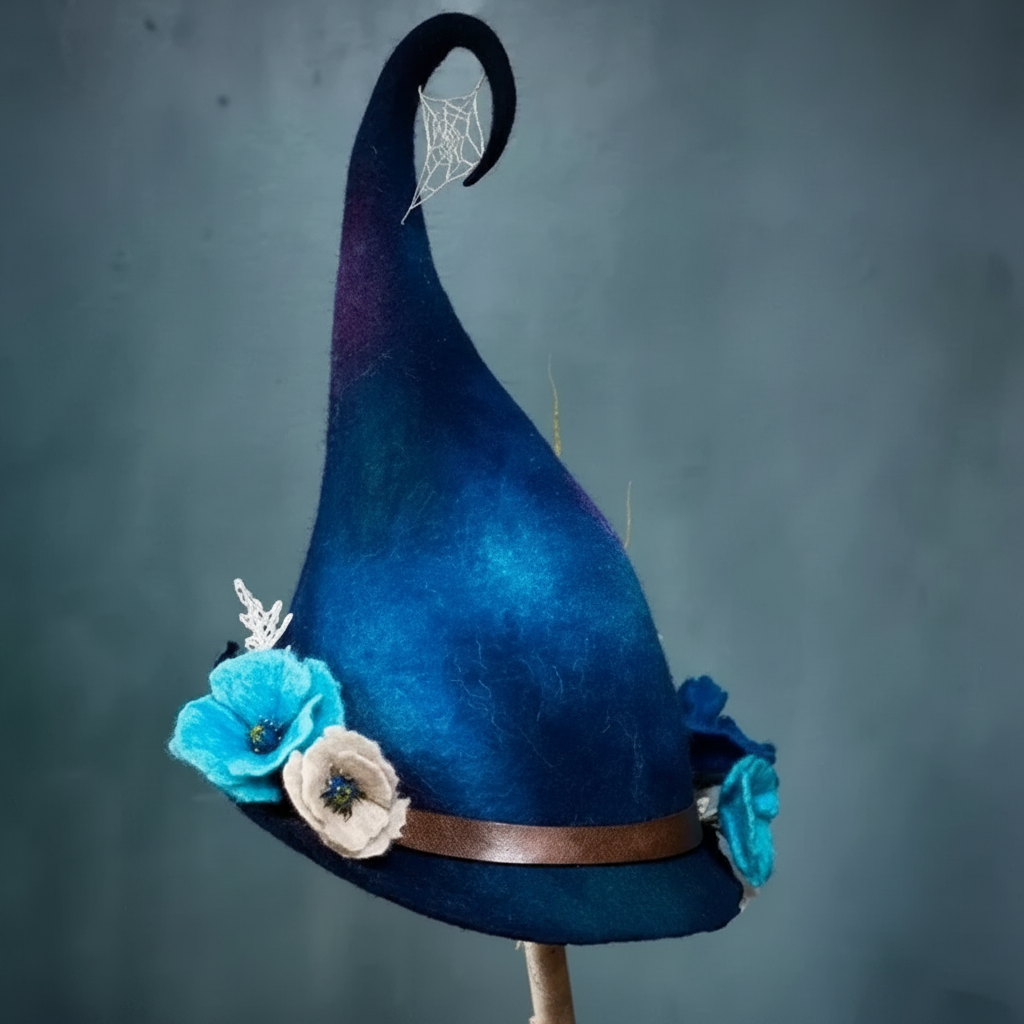 Halloween Felt Witch Hat with Pointed Crown Floral and Mushroom Decorations for Costume Party - Image 6