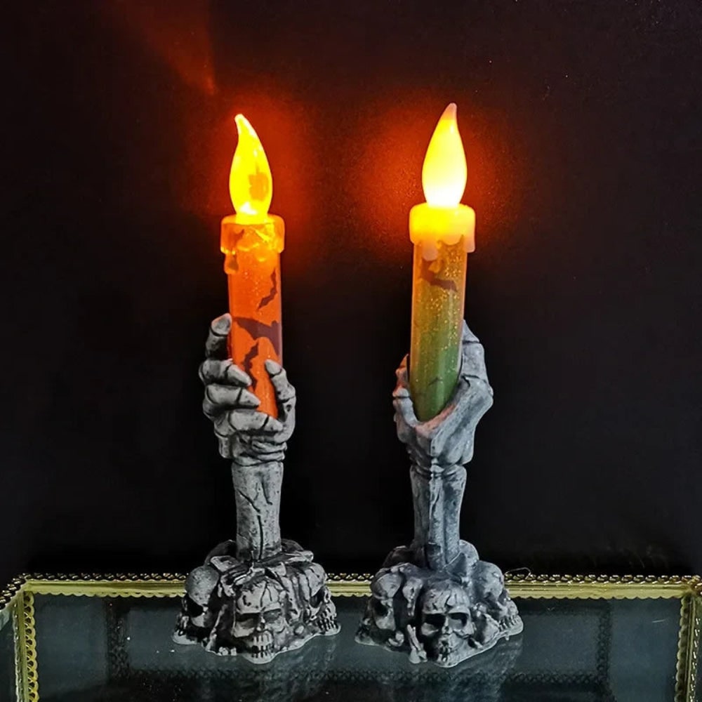 Halloween Flameless LED Taper Candles Battery Operated with Skeleton Hand Holder - Image 1