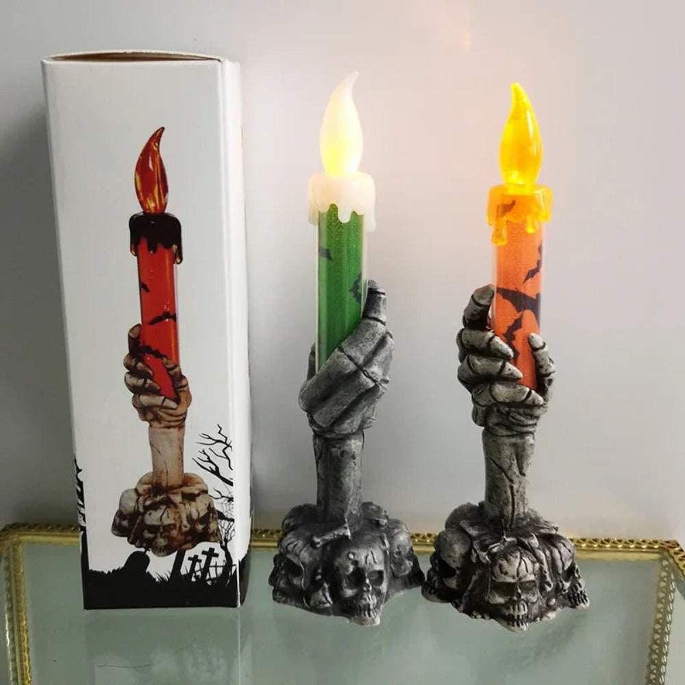 Halloween Flameless LED Taper Candles Battery Operated with Skeleton Hand Holder - Image 4