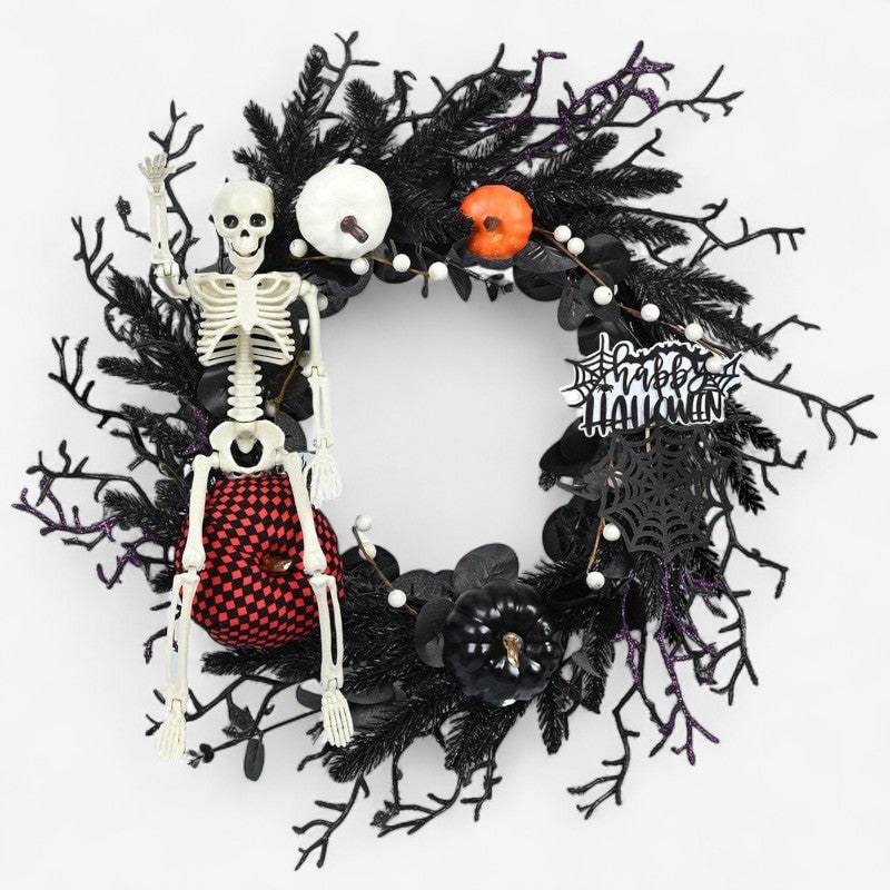 Halloween Front Door Wreath with Skeleton and Pumpkins for Party Decorations - Image 1