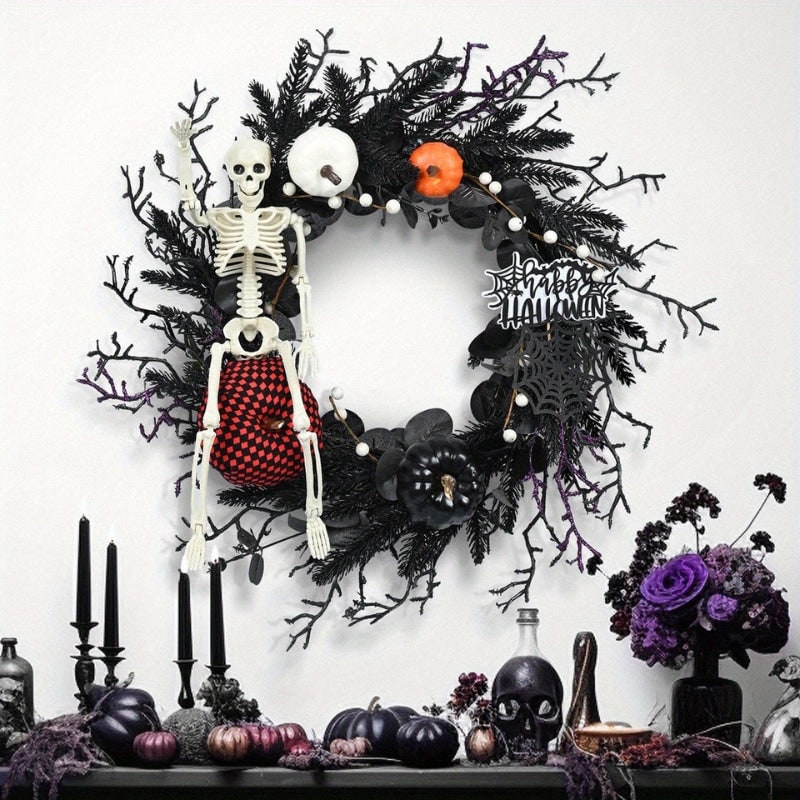 Halloween Front Door Wreath with Skeleton and Pumpkins for Party Decorations - Image 2