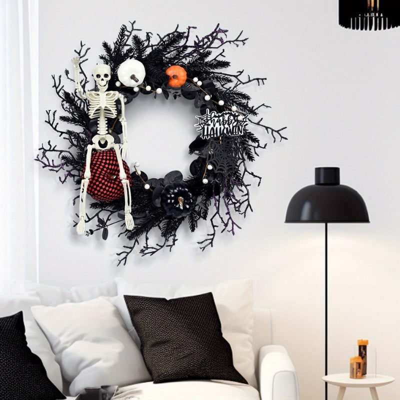 Halloween Front Door Wreath with Skeleton and Pumpkins for Party Decorations - Image 3