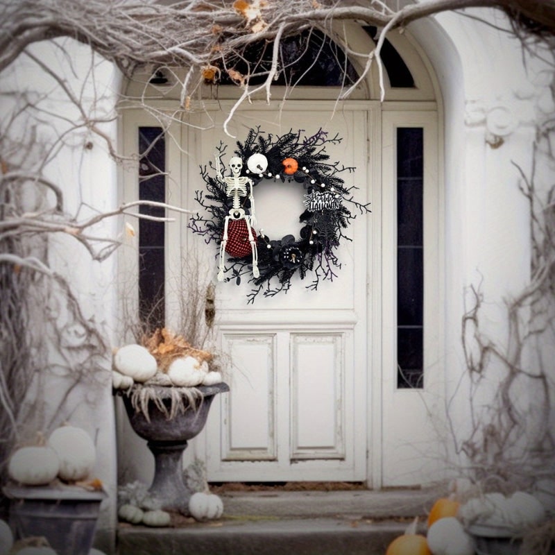 Halloween Front Door Wreath with Skeleton and Pumpkins for Party Decorations - Image 4