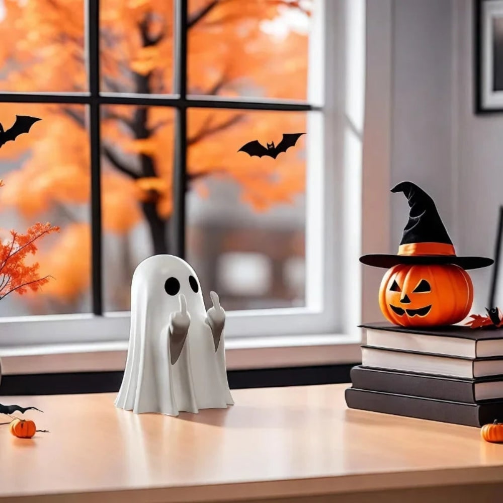 Halloween Ghost Decor Figurine for Front Door and Home with Humorous Middle Finger Statue - Image 3