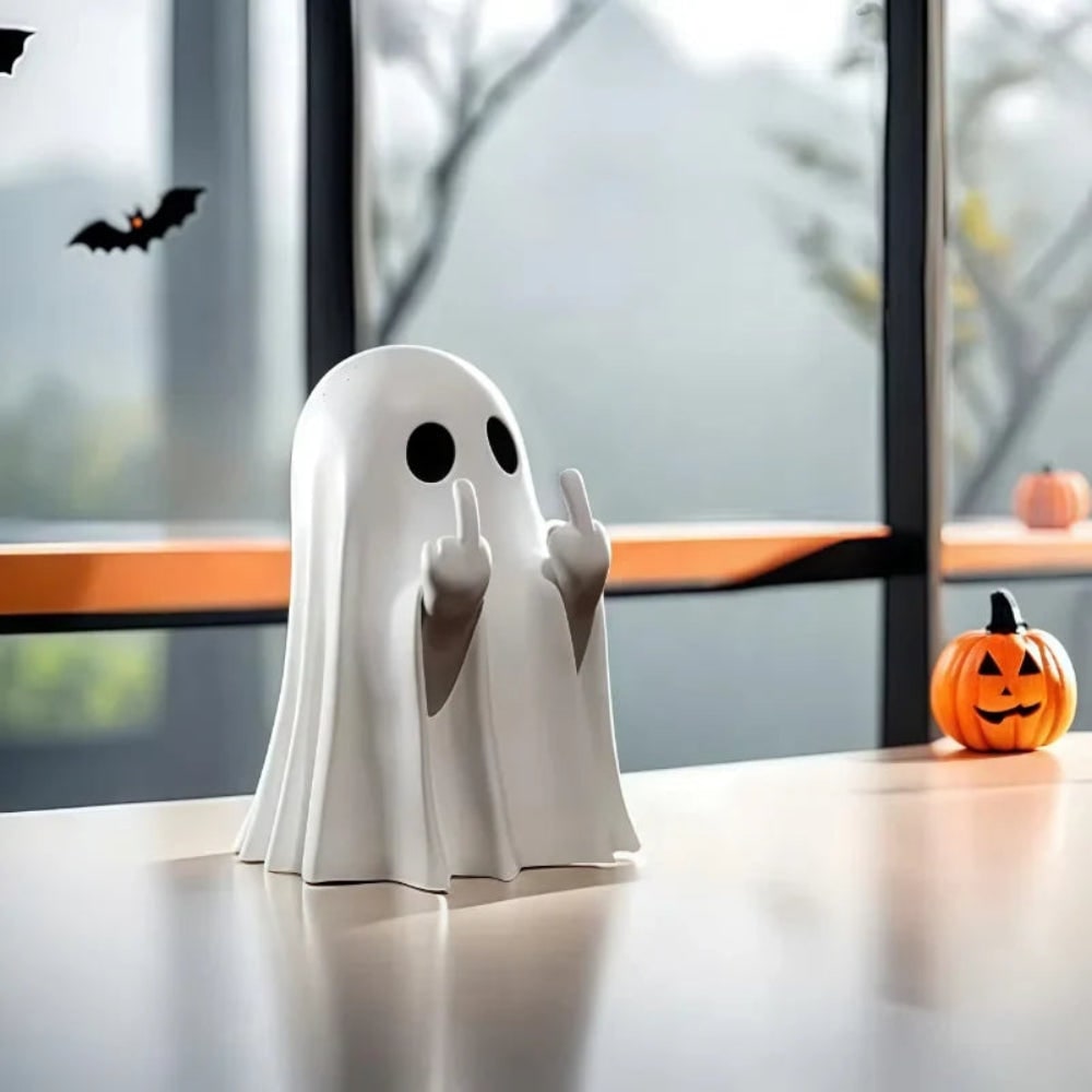 Halloween Ghost Decor Figurine with Middle Finger Gesture Resin Statue for Tabletop Party Decoration - Image 1