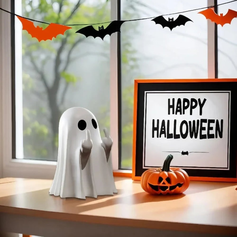Halloween Ghost Decor Figurine with Middle Finger Gesture Resin Statue for Tabletop Party Decoration - Image 2