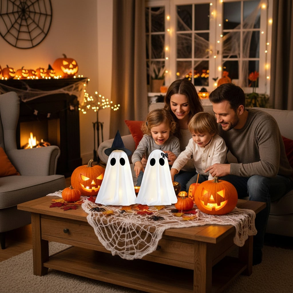 Halloween Ghost Decorations with Warm White LED Lights Set of Two Up for Indoor Decor Hanging - Image 1