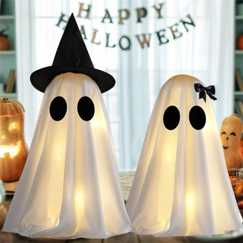 Halloween Ghost Decorations with Warm White LED Lights Set of Two Up for Indoor Decor Hanging - Image 2