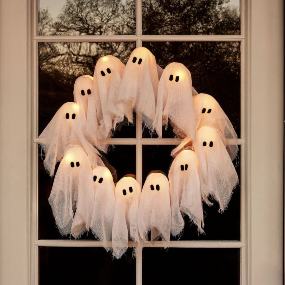 Halloween Ghost Wreath with LED Lights Lightweight Door Decoration Outdoor - Image 1