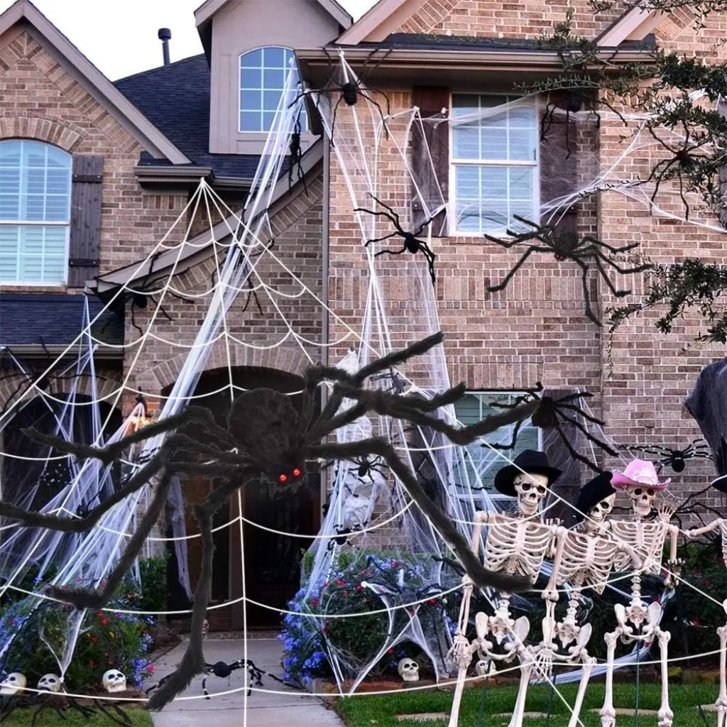 Halloween Giant Spider Web Decoration with Large Plush and Bendable Legs for Outdoor Yard Party - Image 2