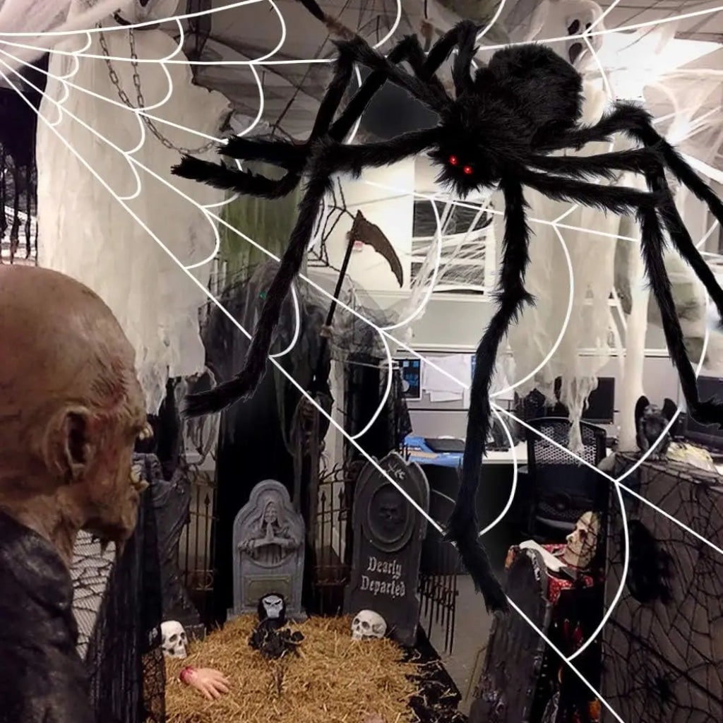 Halloween Giant Spider Web Decoration with Large Plush and Bendable Legs for Outdoor Yard Party - Image 4