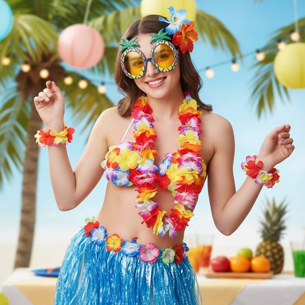 Halloween Grass Skirt Costume Two Piece Set with Hula Outfit Accessories and Lei - Image 1