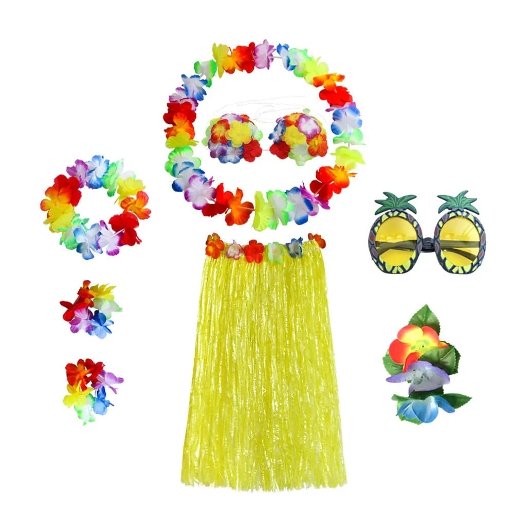Halloween Grass Skirt Costume Two Piece Set with Hula Outfit Accessories and Lei - Image 10