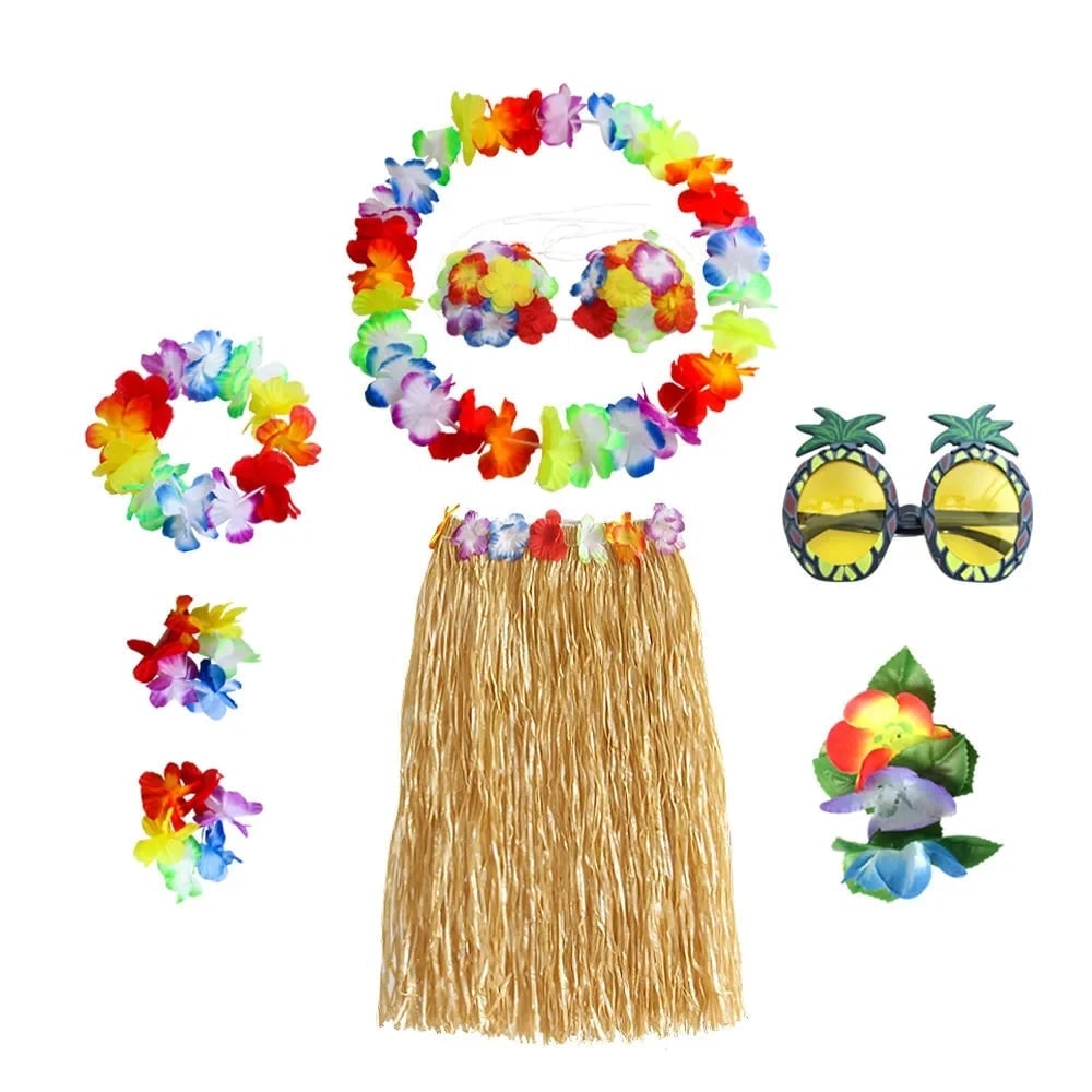Halloween Grass Skirt Costume Two Piece Set with Hula Outfit Accessories and Lei - Image 11