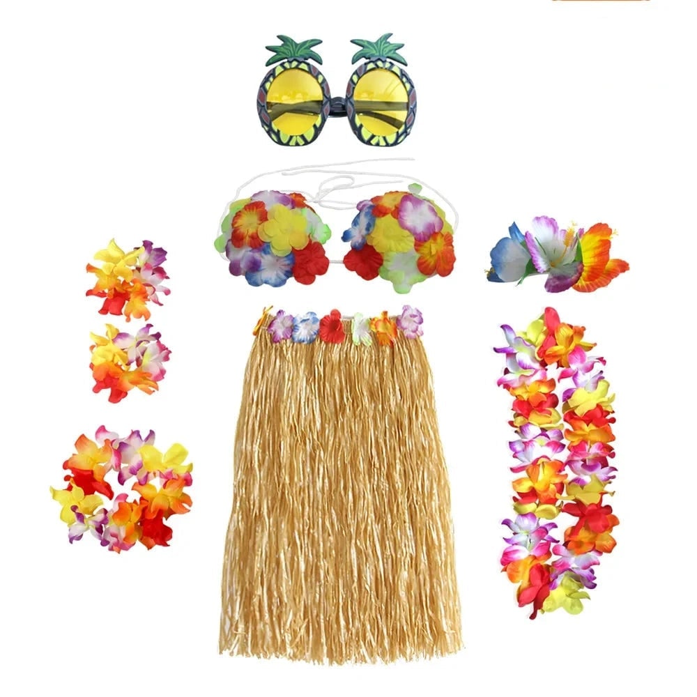 Halloween Grass Skirt Costume Two Piece Set with Hula Outfit Accessories and Lei - Image 12