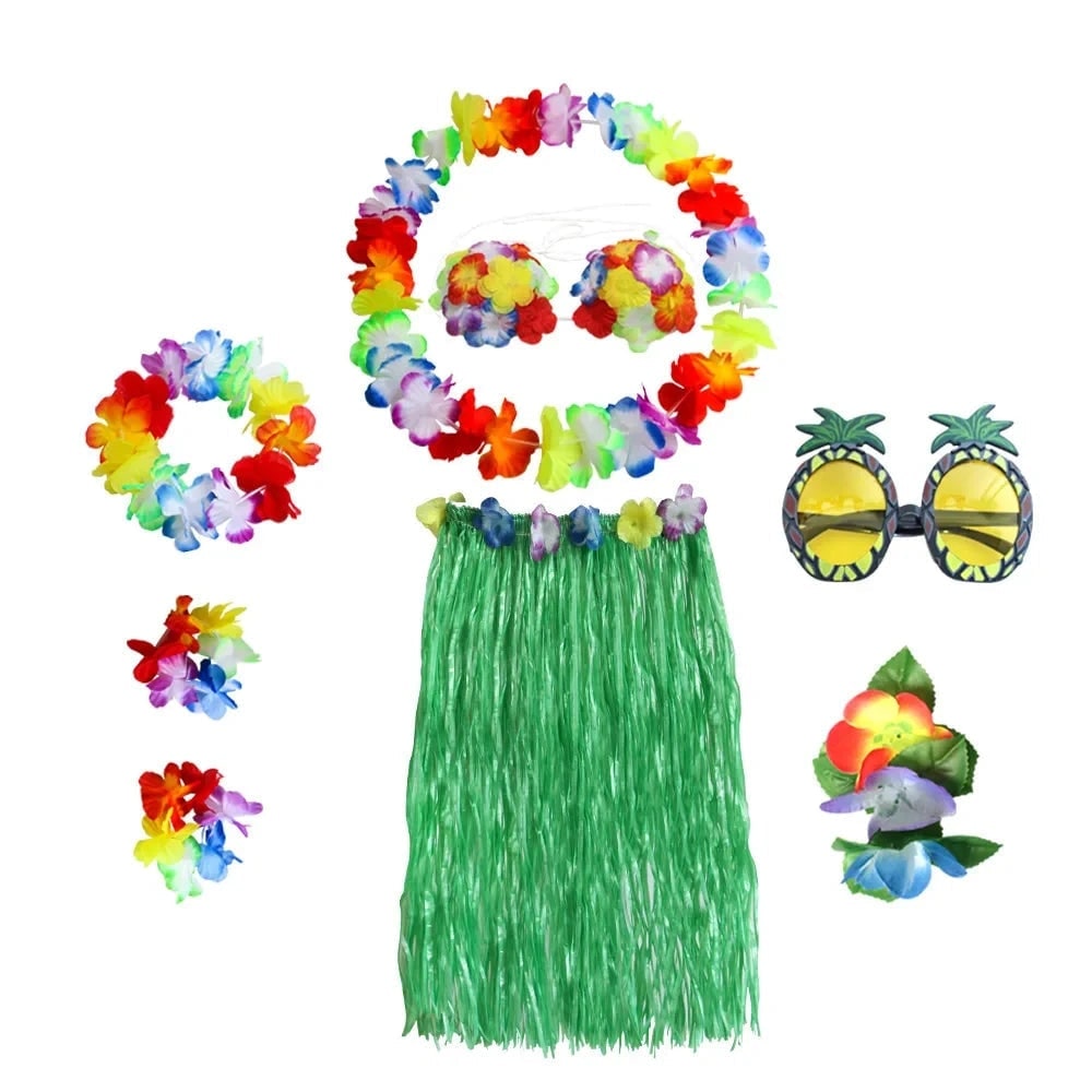 Halloween Grass Skirt Costume Two Piece Set with Hula Outfit Accessories and Lei - Image 3