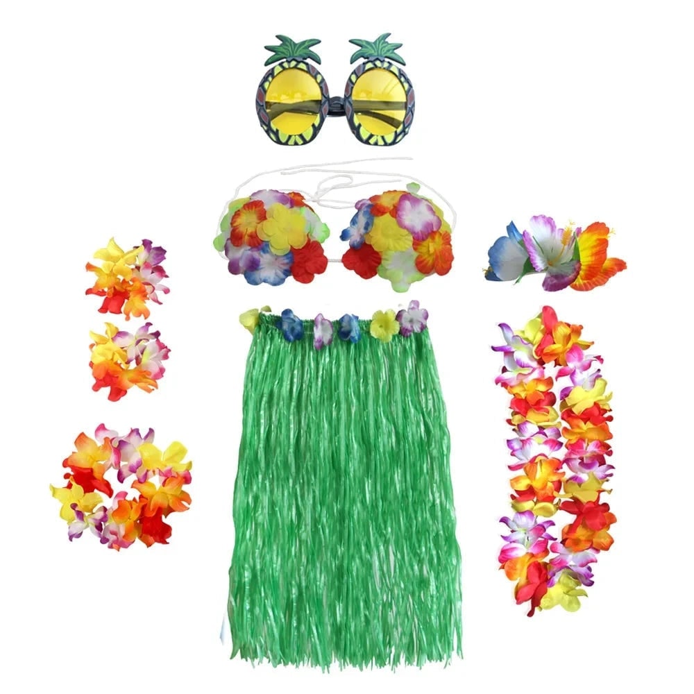 Halloween Grass Skirt Costume Two Piece Set with Hula Outfit Accessories and Lei - Image 4