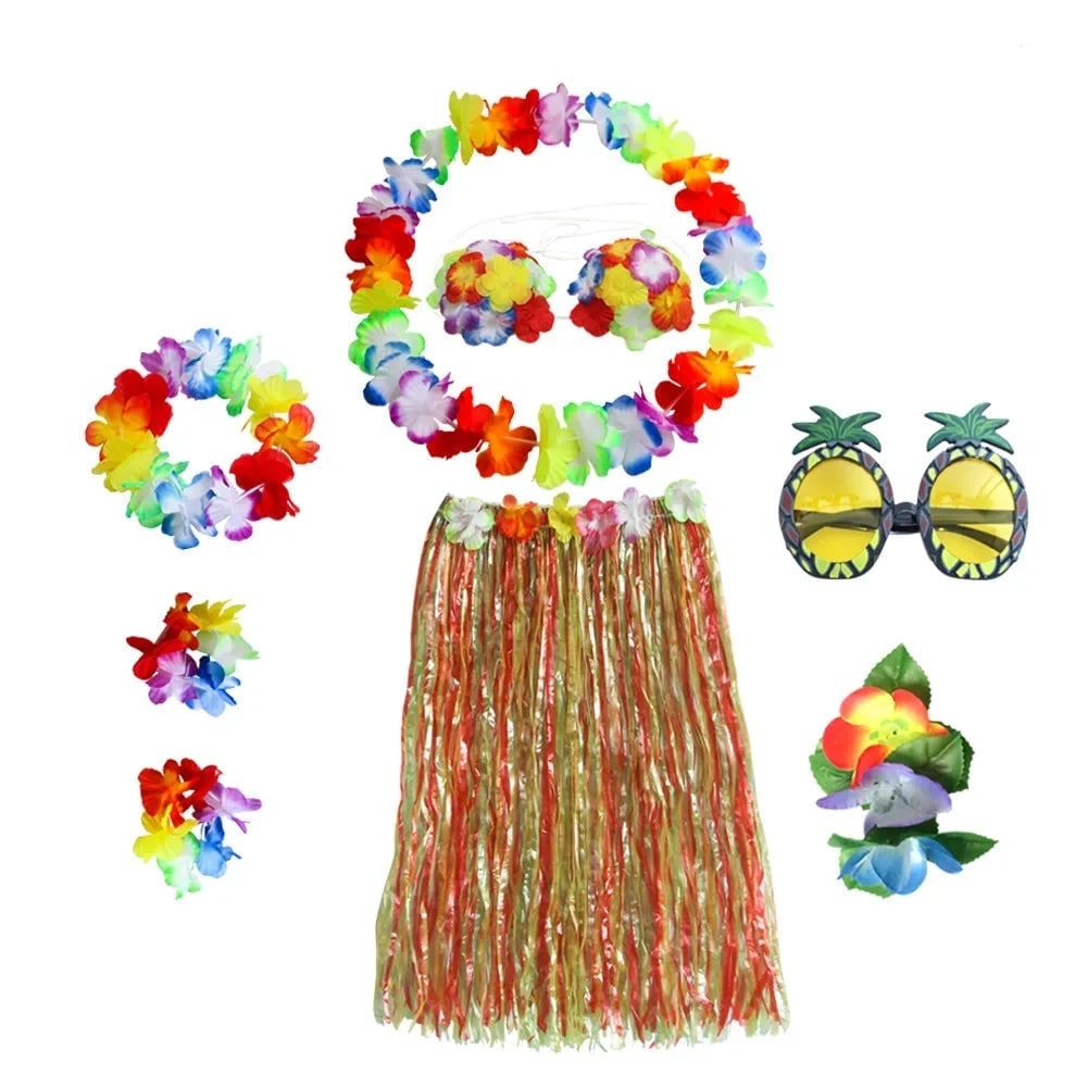 Halloween Grass Skirt Costume Two Piece Set with Hula Outfit Accessories and Lei - Image 5