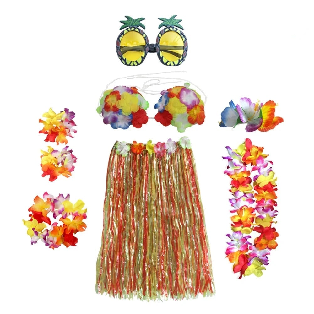 Halloween Grass Skirt Costume Two Piece Set with Hula Outfit Accessories and Lei - Image 6